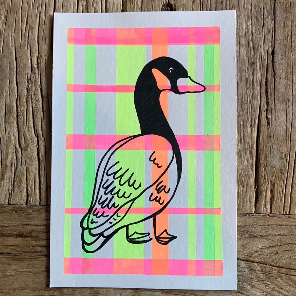 Original Art - Canadian Goose Painting - Neon Acrylic Drawing Maximalist